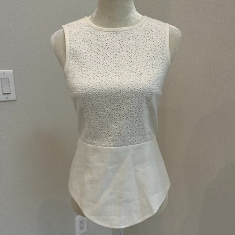 TIBI Women's Sleeveless White Eyelet Linen Peplum Top